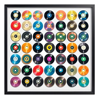 Icon for Vinyl Record Collecting: colorful vinyl records in decorative packaging featuring artist images, neatly arranged on a wall or shelf. The icon should reflect the aesthetic and artistic aspect of collecting vinyl records. Transparent background. sticker