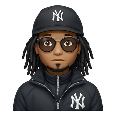 African American man with shoulder length black dreadlocks and black sunglasses wearing a black New York Yankees baseball hat with a North Face bubble winter coat sticker