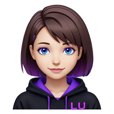 brown haired girl with a bob blue eyes wearing black hoody with violet letters "Lu", smile. Cyberpunk style. Violet neon. sticker