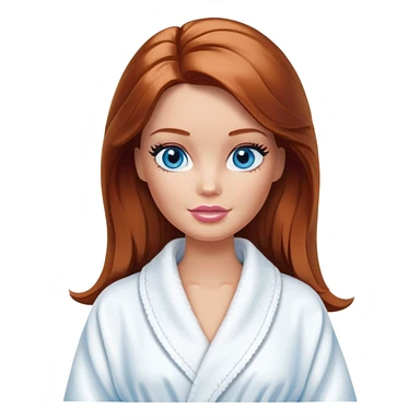 Barbie's face eyes blue with shoulder-length reddish-brown hair, makeup, cream smeared on her face , in a bathrobe with sticker