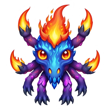a mystical fast lava creature without arms with molten lava on its head and some rocky shoulders, fire crystals, blue flames, fire legs, no background, purple flames, mystical eyes, 8 arms sticker