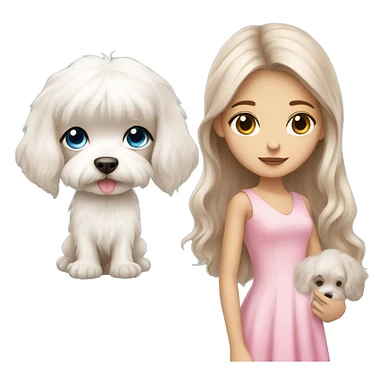 Brown long hair blue eyes girl with maltese puppy with pink dress sticker