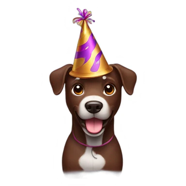dancing fully chocolate brown dog with a party hat sticker