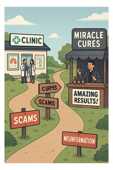 two paths diverge—one leads to a trustworthy clinic with doctors and scientific posters, the other to a shady stand selling “miracle” medicines with exaggerated claims. Signs along the second path warn of scams and misinformation. The scene encourages viewers to choose reliable, science-based healthcare. in italiano sticker