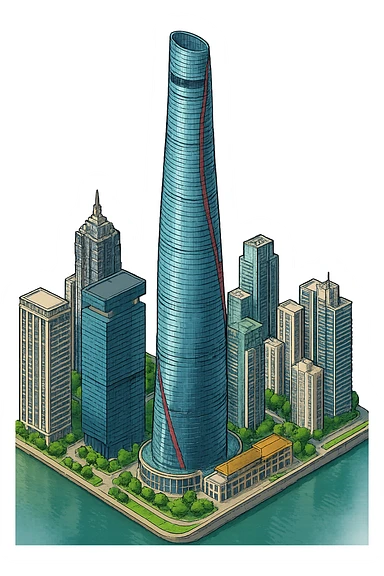 Изометричная, яркая, детализированная, объемная и фотореалистичная иллюстрация башни Shanghai Tower. В стиле 3D-коллажей городов, насыщенные цвета, аккуратные и чёткие линии, мультяшно-реалистичная стилистика. Чёткие контуры, не размазанные линии, высокое качество, прозрачный фон, не обрезать края картинки sticker