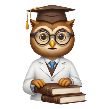 Wise owl with glasses, wearing a lab coat, perched on a stack of books. sticker