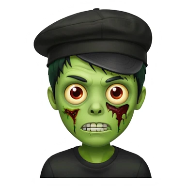 Green zombie, black hair, designer cap turned to the left, black shirt. Apple iOS style. sticker