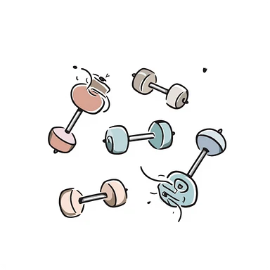 A set of fitness dumbbells with hexagonal ends in pastel colors (dd9fb0, ffc6d3, a3bfc9, c4bee2, f1b091), hand-drawn doodle style sticker