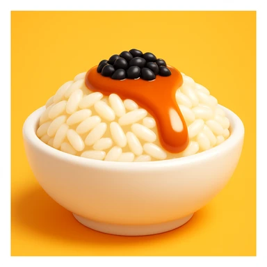 A dish of rice topped with black sesame seeds and soy sauce, 3D emoji style. sticker