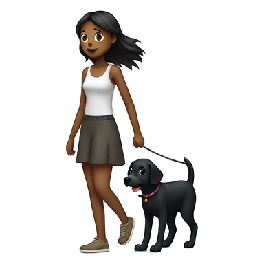 Girl walk with a black dog with white Chest sticker