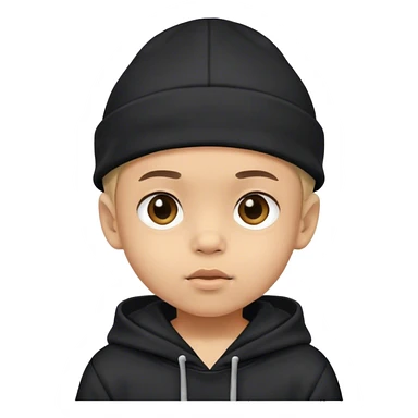Light skin little boy with a black hat on his head and wearing a black hoodie sticker