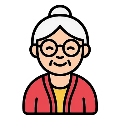 elderly smiling granny who looks like a librarian, glasses, neat hair bun, cardigan sticker