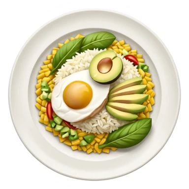plato con pollo blanco asado en tiras, arroz blanco, rodajas de aguacate y maíz amarillo, vista desde arriba, fondo blanco, estilo simple. sticker