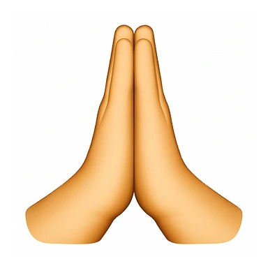 Caucasian hands in a gesture of prayer, point of view with thumbs in front, in emoji style. sticker