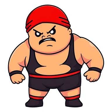 Close-up of white skin fat guy with prominent black durag, completely shaved face, no beard or mustache, black eyes in a red and black wrestling singlet with angry face sticker