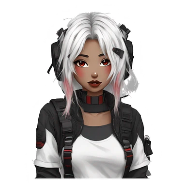 Gorgeous techwear anime style lady with blushing face aesthetic and pretty edgy black red white punk messy hair with collar and harness trending style sticker