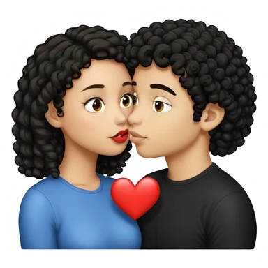 a light skin girl with medium black curly hair and a light brown boy with medium length black hair kissing emoji sticker