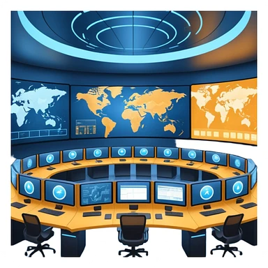 Cinematic mission control center, massive curved video walls with complex telemetry and glowing data visualizations, symmetrical high-tech workstations, dim blue and amber ambient lighting, sharp focus, hyper-realistic, atmosphere of absolute precision. sticker