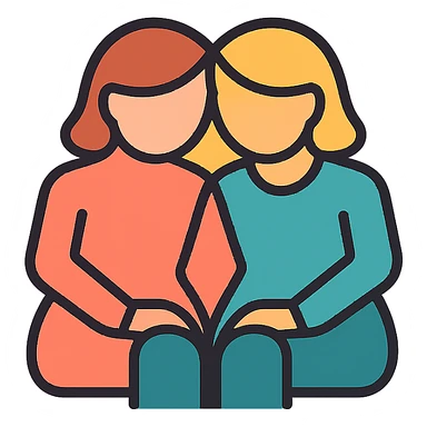 Add soft color accents to the icon of two women sitting together, heads touching, maintain minimal lines and transparent background. sticker