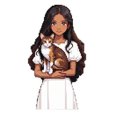 beautiful girl with long black hair wearing a white dress holding an Abyssinian cat with reddish-brown fur in her arms sticker