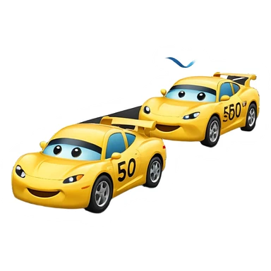 Two emoji-style cars racing toward a finish line labeled “$20K”, one labeled “$500/mo” and the other “$1000/mo”, energetic motion and speed lines sticker