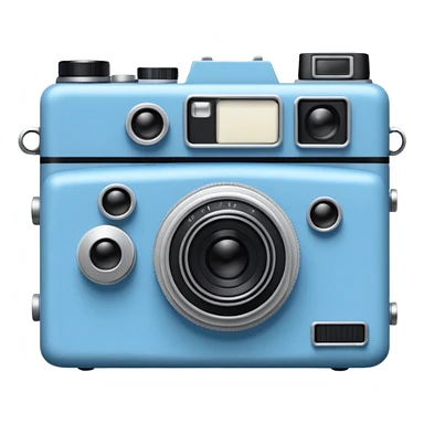 A hand-drawn doodle in a minimalist, cartoon style of a [vintage camera]. The object is white with thick, rough, black marker outlines and two small black dot eyes. It is a simple sketch with no realistic textures, centered on a solid [blue] circular background." sticker