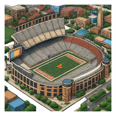Изометричная, яркая, детализированная и фотореалистичная иллюстрация стадиона Darrell K Royal–Texas Memorial Stadium в стиле 3D-коллажей городов, насыщенные цвета, аккуратные и чёткие линии, мультяшно-реалистичная стилистика. Чёткие контуры, прозрачный фон, высокое качество. sticker