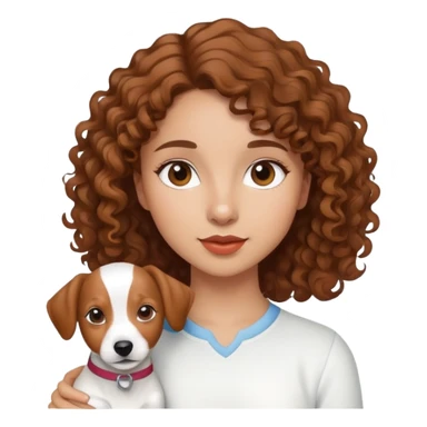 A girl whit brown curly hair and a jack russel sticker