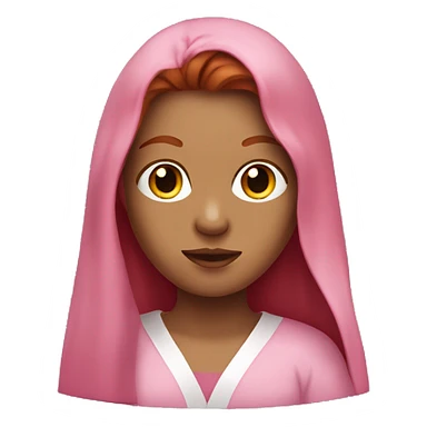 A red-haired girl with long hair in a pink robe and mask sticker