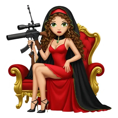 Drug dealer female green eyes symbol.  hair is brown curly long hair. sexy long with long red and black dress and mouth veil cover on that covers her mouth and neck only. black stiletto platform high heels shoes on. Holding sniper rifle sitting on a gold throne. sticker