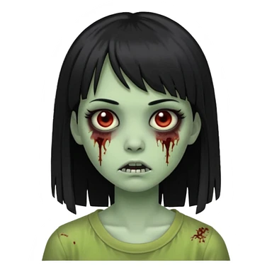 Emoji de uma garota zumbi com os cabelos longos, lisos e pretos. Ela usa uma franja curta. E tem a pele verde  sticker