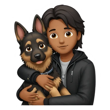 Garoto negro fofo e cabelo comprido usando jaqueta preta abraçando um cachorro pastor alemão  sticker