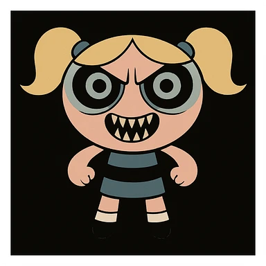 Make Bubbles from Powerpuff Girls even scarier, with a more menacing face, sharper teeth, and intense, creepy eyes, keeping her signature blue dress and pigtails, in a western adult animation cartoon style, black background. sticker