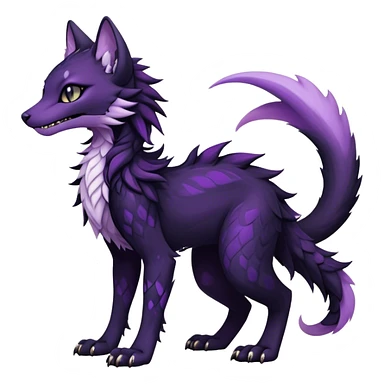 Kawaii dark black purplish blackish edgy fantasy ethereal feline-vernid-sergal-fursona animal creature with a tufted tail full body with intricate markings  sticker