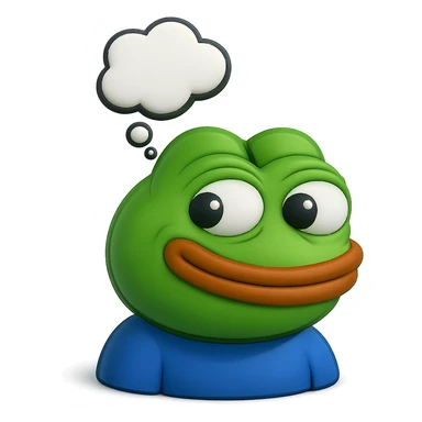 make a pepe in bright green smiling with thought bubble looking at right left in 3d style, good highlights and shadows, drop shadows sticker