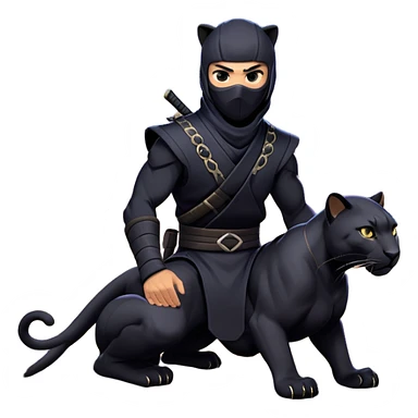 clash-of-clans-aesthetic_-cinematic-mysterious-male-ninja-portrait-emoji, rendered in a flat, vector-style with minimal shading and bold, simplified shapes, with a head slightly turned revealing intense, focused eyes, perched atop a sleek, agile panther with glossy fur moving silently through shadowed urban rooftops and moonlit alleyways. sticker