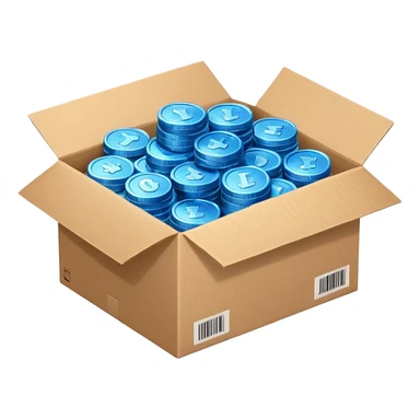 blue coins in a cardboard package sticker