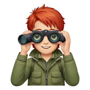 smiled boy's outdoor clothes whit red hair with binocular and white background  sticker