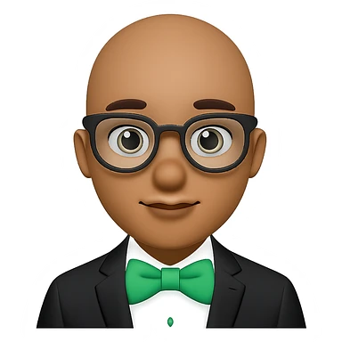 Change the man's hair to bald, keep the man with green bow tie, in apple emoji style, with no background. sticker