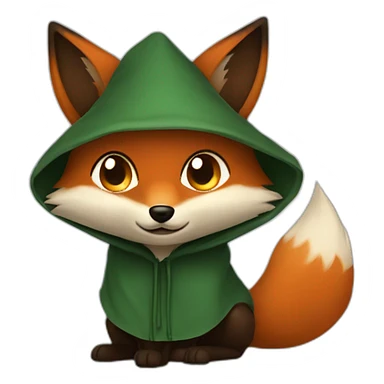 a small dark brown fox with orange eyes with a dark green hood that smile sticker