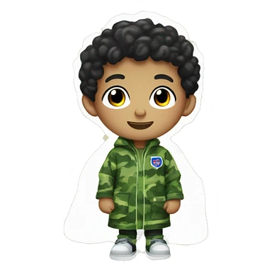 6 year old boy with white skin and brown eyes and black short curly hair and he's wearing a robe patterned in green camoflauge colors in a tune squad undershirt sticker