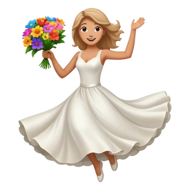 White woman, white wedding dress, happy, jumping, flowers, dreamy, colorful sticker