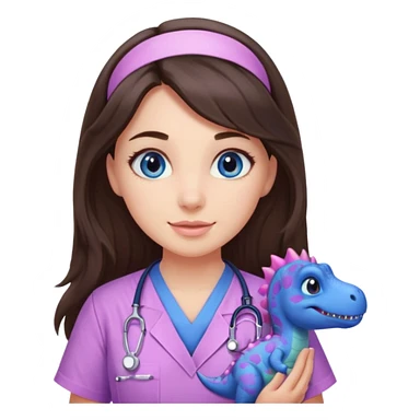 pretty brunette nurse with long hair and blue eyes in pink and purple dinosaur pattern scrubs sticker