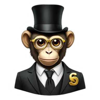 a monkey wearing a suit with a top hat with a gold chain and dollar sign glasses sticker