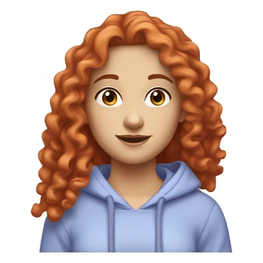 a white girl with long red curly hair, wearing a pastel periwinkle hoodie doing a pose sticker