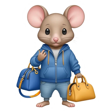 A fashionable mouse in wide jeans and a zip hoodie with a Balenciaga bag sticker