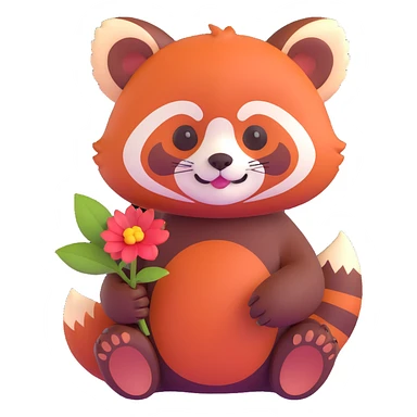 A red panda holding a small flower, soft and rounded look sticker