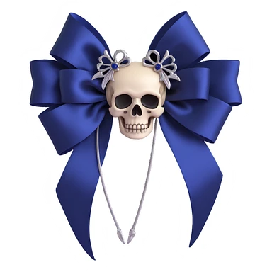 gothic bow, midnight blue silk, silver skull brooch, black feather accents, mysterious and lush sticker