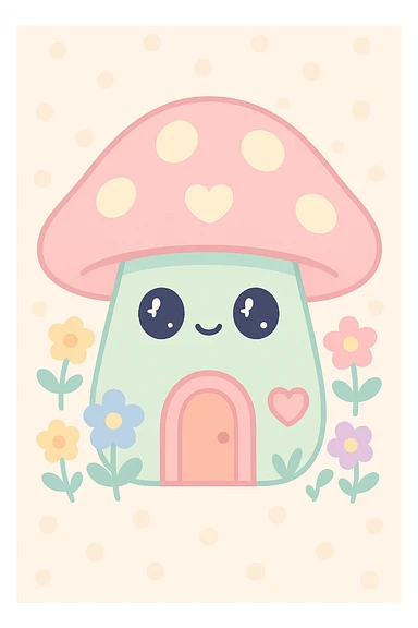 a cozy mushroom house with flowers, cottage core style, soft pastel colors, whimsical and charming sticker