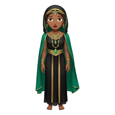 Mujer joven, morena, de gran belleza y porte misterioso.
 mirada intensa, labios marcados.
 Negro, largo, suele ir cubierto parcialmente por un velo
 Ropa de inspiración árabe: túnica colorida (rojo, dorado, verde esmeralda), con detalles dorados, brazaletes y pendientes. que se ve cuerpo entero sticker